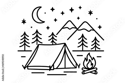 Camping night scene in minimalist line art style. Tent and campfire in forest with mountains. Outdoor adventure, travel, and wilderness exploration concept vector illustration.