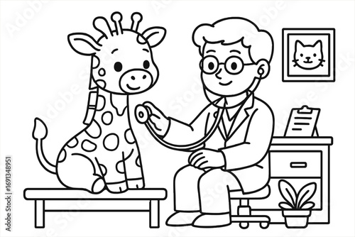 Veterinarian doctor examining a cute giraffe with a stethoscope in a clinic. Vet checkup for a baby animal patient. Pet healthcare concept. Black and white cartoon line art vector.