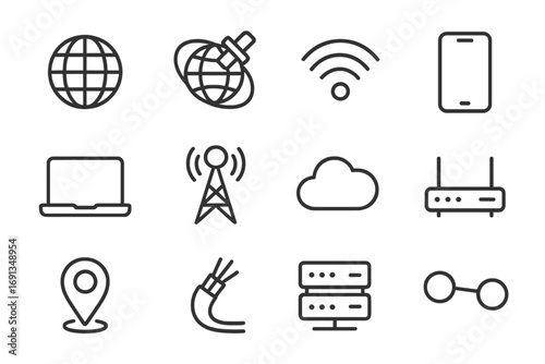 Global Connectivity Icons. Outline icon set of global connectivity: globe, orbit satellite, signal wave,