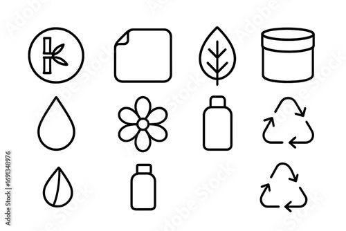 Eco Makeup Icon Set. Outline icon set of eco-friendly makeup removal: bamboo pad, reusable cloth, leaf, jar,
