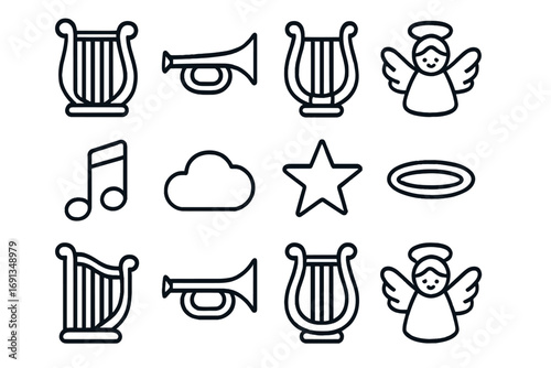 Heavenly Music Icons. Outline icon set of heavenly music: harp, trumpet, lyre, angel, music note, cloud, star,