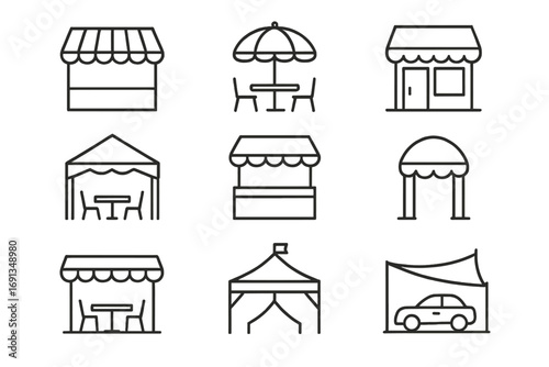 Commercial Shade Icons. Outline icon set of commercial shade canopies: shop awning, sidewalk umbrella, café canopy, outdoor dining