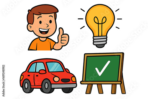 Learning success icon set. Vector cartoon boy with thumbs up. Idea lightbulb. Pass driving test car. Correct answer checkmark on chalkboard. Education graphic element pack.