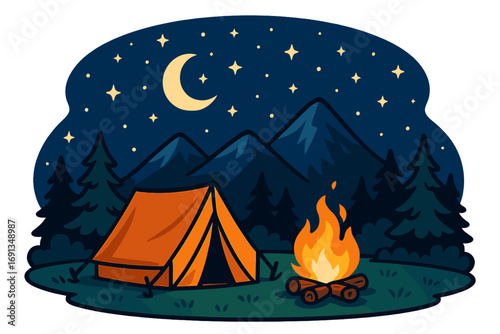 Camping night scene with tent and campfire in the mountains. Outdoor adventure under a starry sky. Vector cartoon illustration for travel, hiking, and nature concepts.