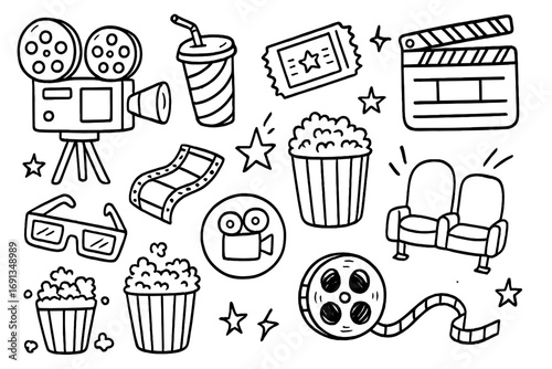 Doodle cinema elements set. Hand drawn movie icons collection. Vector line art illustration of film symbols like popcorn, camera, clapperboard, ticket and 3d glasses.