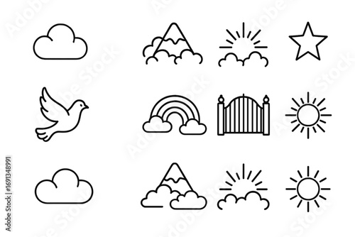Heavenly Icon Grid. Outline icon set of heavenly realm landscapes: cloud, mountain, rays, star, dove, rainbow,