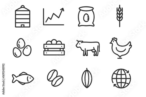 Commodity Market Icons. Outline icon set of commodity markets for food: grain silo, trading chart, rice sack, wheat stalk, corn
