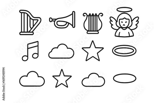 Heavenly Music Icons. Outline icon set of heavenly music: harp, trumpet, lyre, angel, music note, cloud, star,