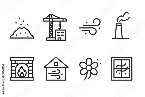 Dust Sources Icons. Outline icon set of dust sources: dry soil, construction site, desert wind, chimney smoke, fireplace ash,