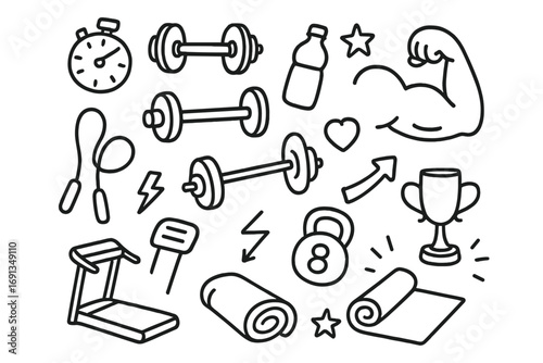 Doodle fitness training icon set. Hand drawn vector illustration of gym workout equipment, exercise symbols. Bodybuilding, sport, health elements. Line art cartoon graphic.