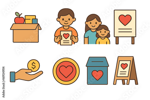 Community Charity Icons. Flat vector mini-illustrations Community outreach and donation collection in colors children's