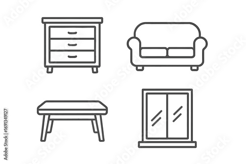 Furniture thin line icon set. Home interior design elements. Vector symbols for dresser, couch, table, window. Editable stroke for web, app, and print. Modern living room objects.