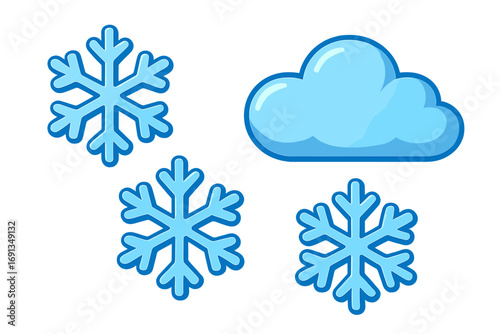 Blue 3D snowflakes and cloud vector icon set. Cartoon weather symbols for winter, snow, cold, and christmas design. Isolated illustration elements on transparent background.