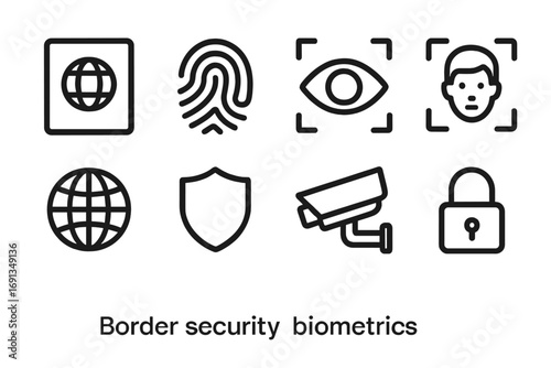 Border Security Icons. Outline icon set of border security biometrics: passport, fingerprint, eye scan, face