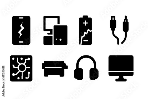 E-Waste Icon Set. Solid, filled icon set of e-waste disposal: broken smartphone, discarded computer, old battery, cables, circuit