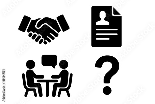 Business recruitment icon set for the hiring process. Vector glyph symbols of a handshake for agreement, resume or CV, job interview meeting, and question mark for HR support.