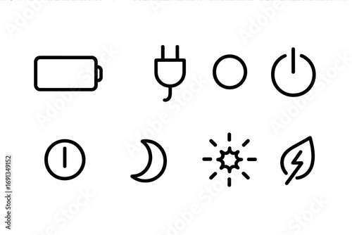 E-Reader Power Icons. Outline icon set of e-reader battery & power: battery full, battery low, charging plug, power on, power off,