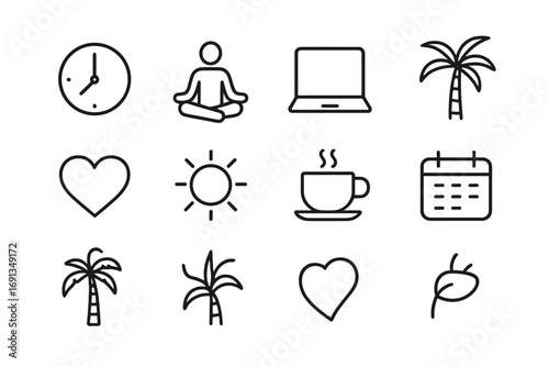 Nomad Balance Icons. Outline icon set of work-life balance for nomads: clock, yoga pose, laptop, palm tree,