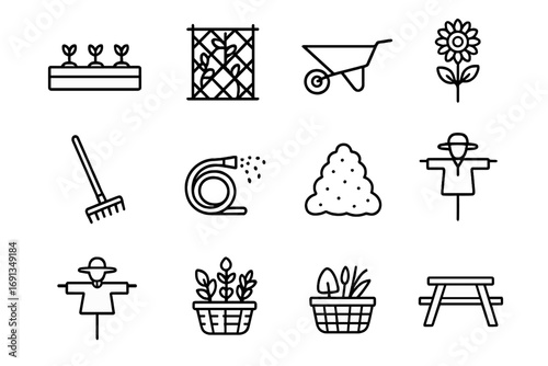 Community Garden Icons. Outline icon set of community gardens: garden plot, trellis with vines, wheelbarrow, rake, watering hose,