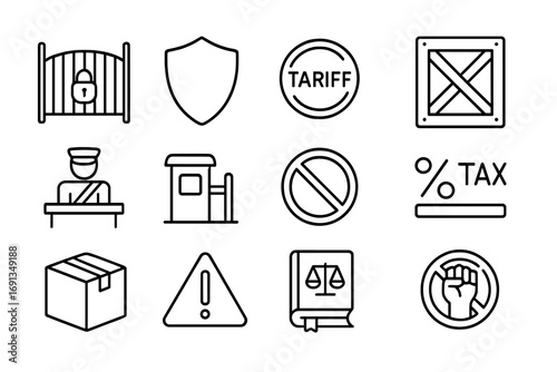 Protectionism Icon Set. Outline icon set of protectionism: locked gate, shield, tariff stamp, embargo crate,