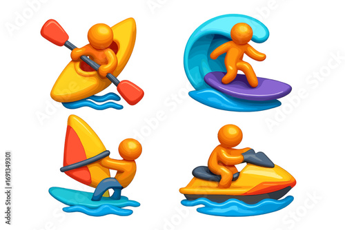 3D icons set of water sports. Cartoon character surfing, kayaking, windsurfing and riding a jet ski. Summer vacation, sea fun and extreme active lifestyle vector concept.