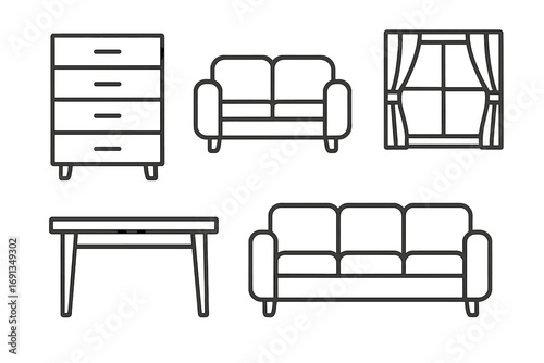 Furniture line icon set. Modern outline vector collection for interior design. Simple linear pictogram symbols of couch, sofa, table, dresser, and window for web & apps.