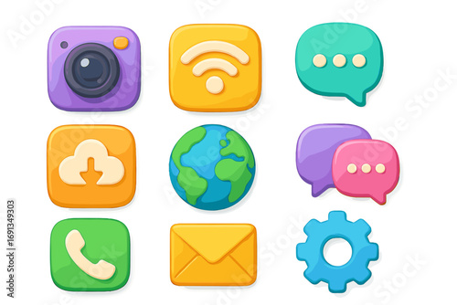 Colorful 3D app icons set for technology themes. Volumetric cartoon symbols for mobile user interface design. Communication, web, and social media concepts like camera, chat, wifi.