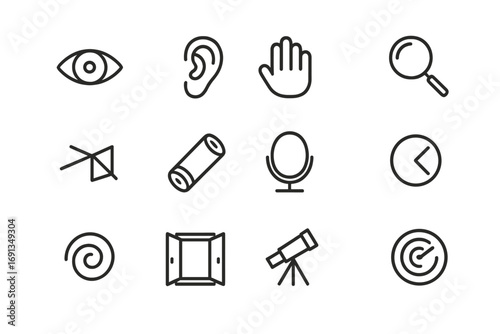 Perception Icon Set. Outline icon set of perception: eye, ear, hand, magnifying glass, prism, kaleidoscope,