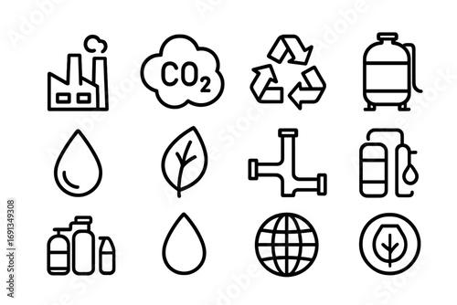 Carbon Capture Icons. Outline icon set of carbon capture with fuels: factory, CO2 cloud, recycling arrows,