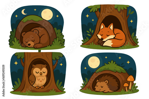 Cute cartoon animals sleeping in forest at night. Vector set of a bear in a den, a fox and an owl in a tree hollow, and a hedgehog in a burrow under the moonlight.
