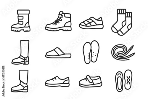 Cold Weather Footwear Icons. Outline icon set of cold weather footwear: snow boots, hiking boots, insulated