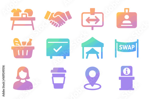 Community Swap Icons. Gradient icons set of community swap event elements: swap meet table, handshake, event signboard, name tag,