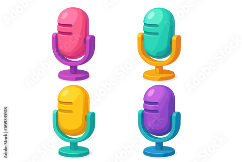 Colorful 3D microphone icon set for podcast and broadcast. Vector cartoon illustration of mic icons for radio, streaming, audio recording, and voice interviews. Sound equipment.