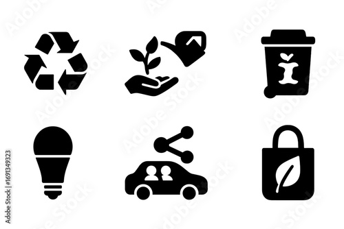 Eco-Friendly Icon Set. Solid, filled icon set of eco-friendly habits: recycling, plant watering, bike riding, composting, LED