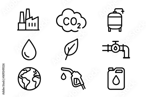 Carbon Capture Icons. Outline icon set of carbon capture with fuels: factory, CO2 cloud, recycling arrows,