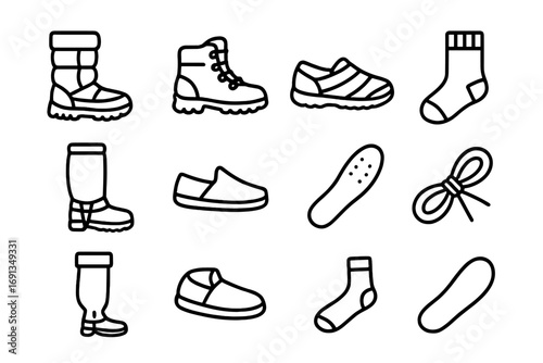 Cold Weather Footwear Icons. Outline icon set of cold weather footwear: snow boots, hiking boots, insulated
