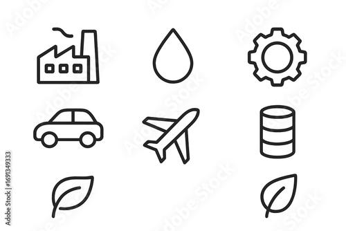 Synthetic Fuel Icons. Outline icon set of synthetic fuels: factory, droplet, recycling arrows, gear, car,