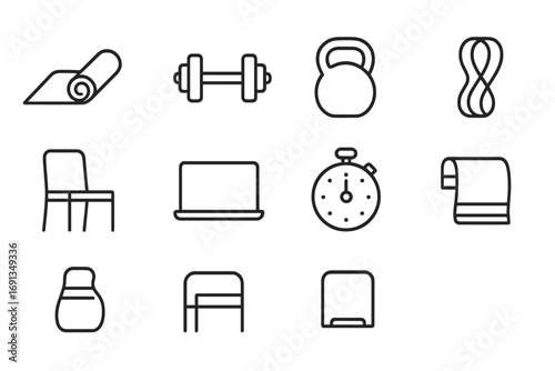 Home Workout Icon Set. Outline icon set of home workouts: yoga mat, dumbbell, kettlebell, resistance band,