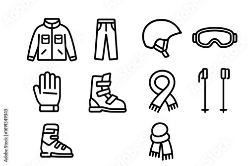 Ski Gear Icons. Outline icon set of ski and snow gear: ski jacket, snow pants, helmet, goggles, gloves, boots,