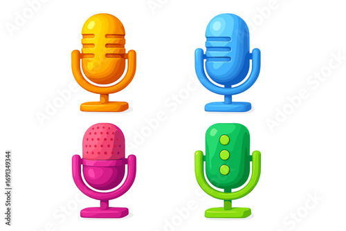 3d microphone icon set. Colorful cartoon vector for podcast, audio recording, broadcast, and streaming. Voice sound studio mic collection for web, media, and app design.
