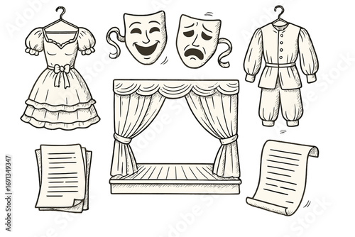 Hand-drawn theater elements set. Vector illustration with drama masks, stage, curtains, actor costumes and play scripts. Cartoon sketch concept for acting and performance.