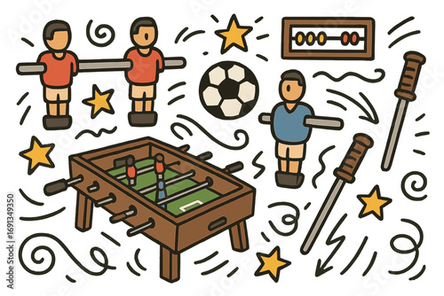 Foosball doodle design set with playful and dynamic hand-drawn table soccer elements. Vector cartoon illustration with players, ball, and scoreboard. Recreation and leisure concept.