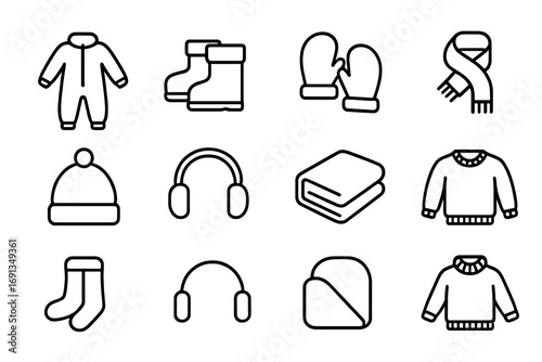 Children's Winter Wear Icons. Outline icon set of children’s winter wear: snowsuit, boots, mittens, scarf, hat
