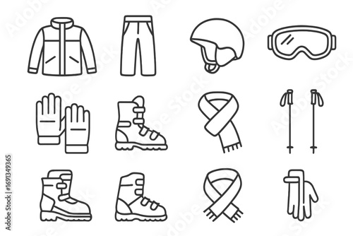 Ski Gear Icons. Outline icon set of ski and snow gear: ski jacket, snow pants, helmet, goggles, gloves, boots,