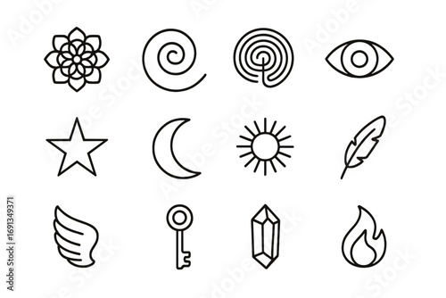 Symbolic Consciousness Icons. Outline icon set of symbolic consciousness: mandala, spiral, labyrinth, third