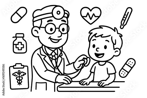 Cartoon doctor examining child patient. Pediatrician check-up. Medical icons set for healthcare, hospital, clinic. Vector outline illustration for kids. Health concept.