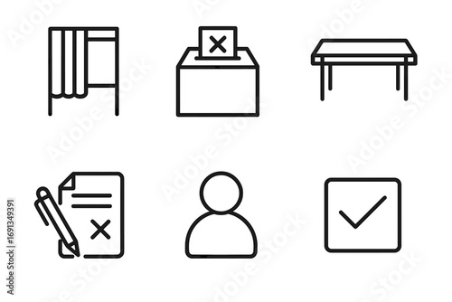 Polling Station Icons. Outline icon set of polling stations: booth, ballot box, ID card, table, pen, document,