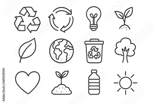 Hand drawn recycling icons set. Eco-friendly symbols collection. Vector line art illustration of environment, sustainability, and green energy concepts. Ecology doodle elements.