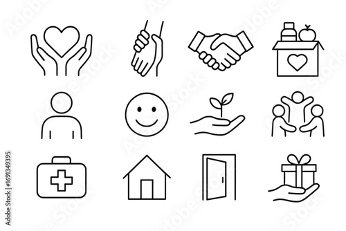 Compassion Icon Set. Outline icon set of Compassion and service: hands holding heart, helping hand, handshake, food donation box,