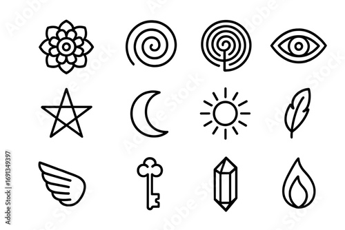 Symbolic Consciousness Icons. Outline icon set of symbolic consciousness: mandala, spiral, labyrinth, third